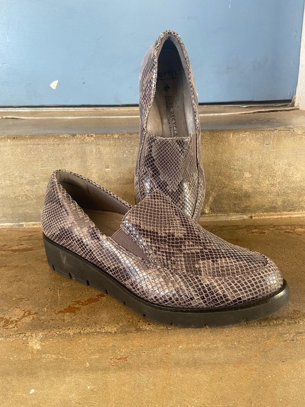 Earth Bern gray/black snake embossed leather slip on loafer-100% recyclable